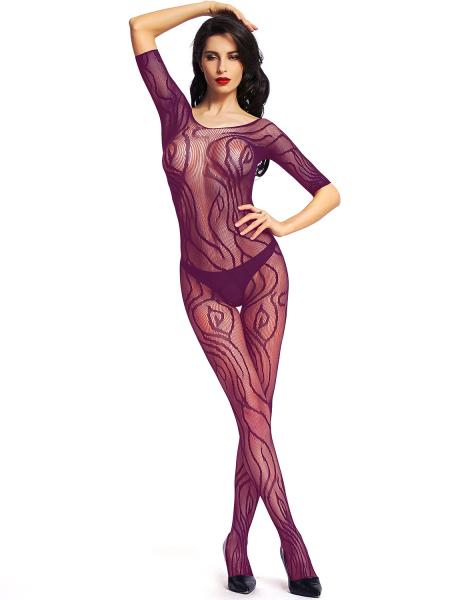 Bodystocking Lace Half Sleeve Full Body Stocking Lingerie UK 8-16 One Size Purple