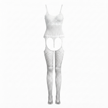 Open Crotch Floral Striped Lace Suspender Bodystocking Lingerie UK 8-16