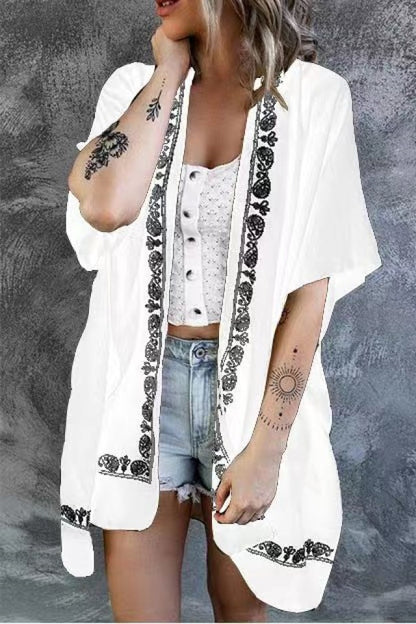 2pcs Women’s Boho Embroidered Kimono Cardigan Versatile 2-in-1 Beach Cover Up & Oversized Scarf