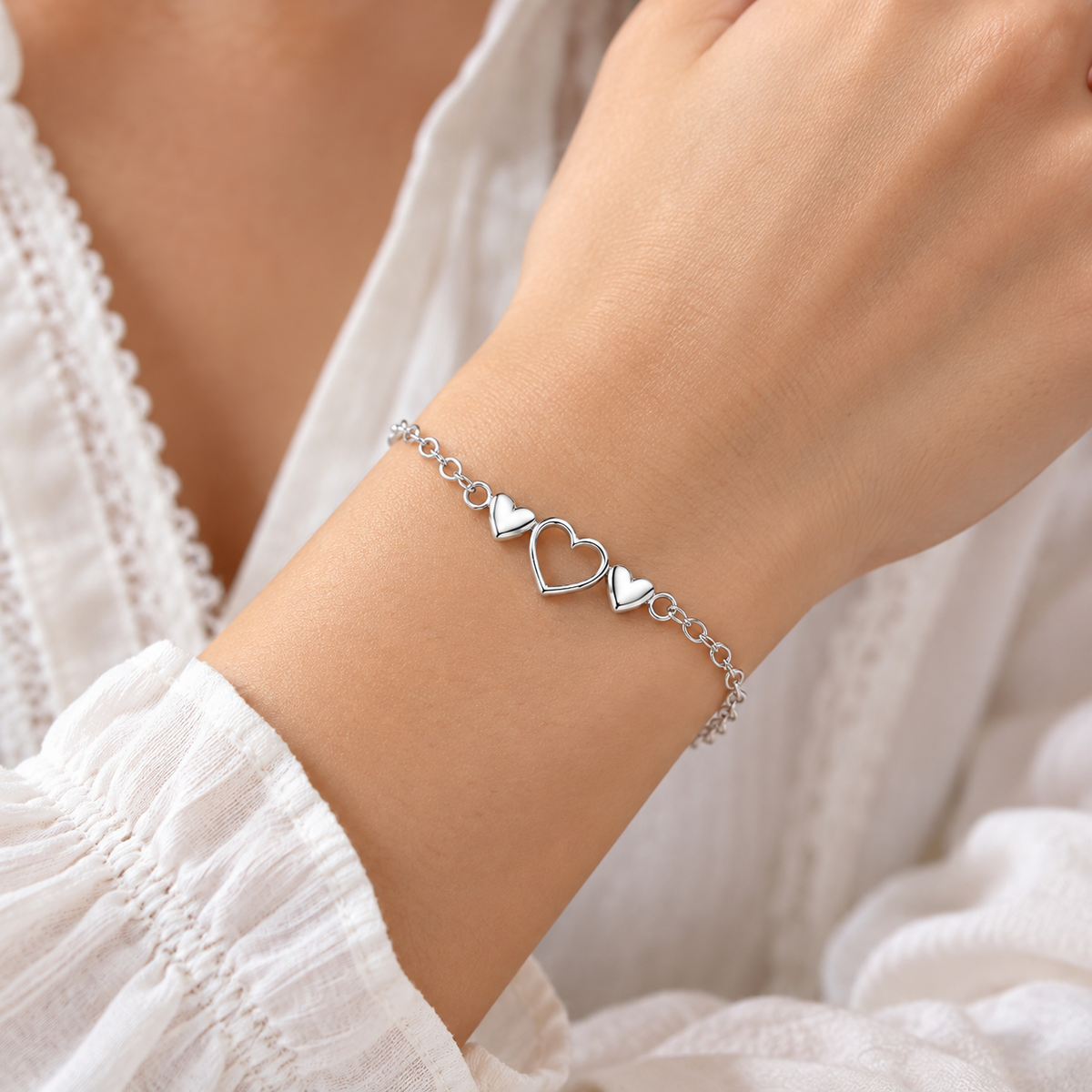 Sterling Silver Triple 16cm Heart Bracelet