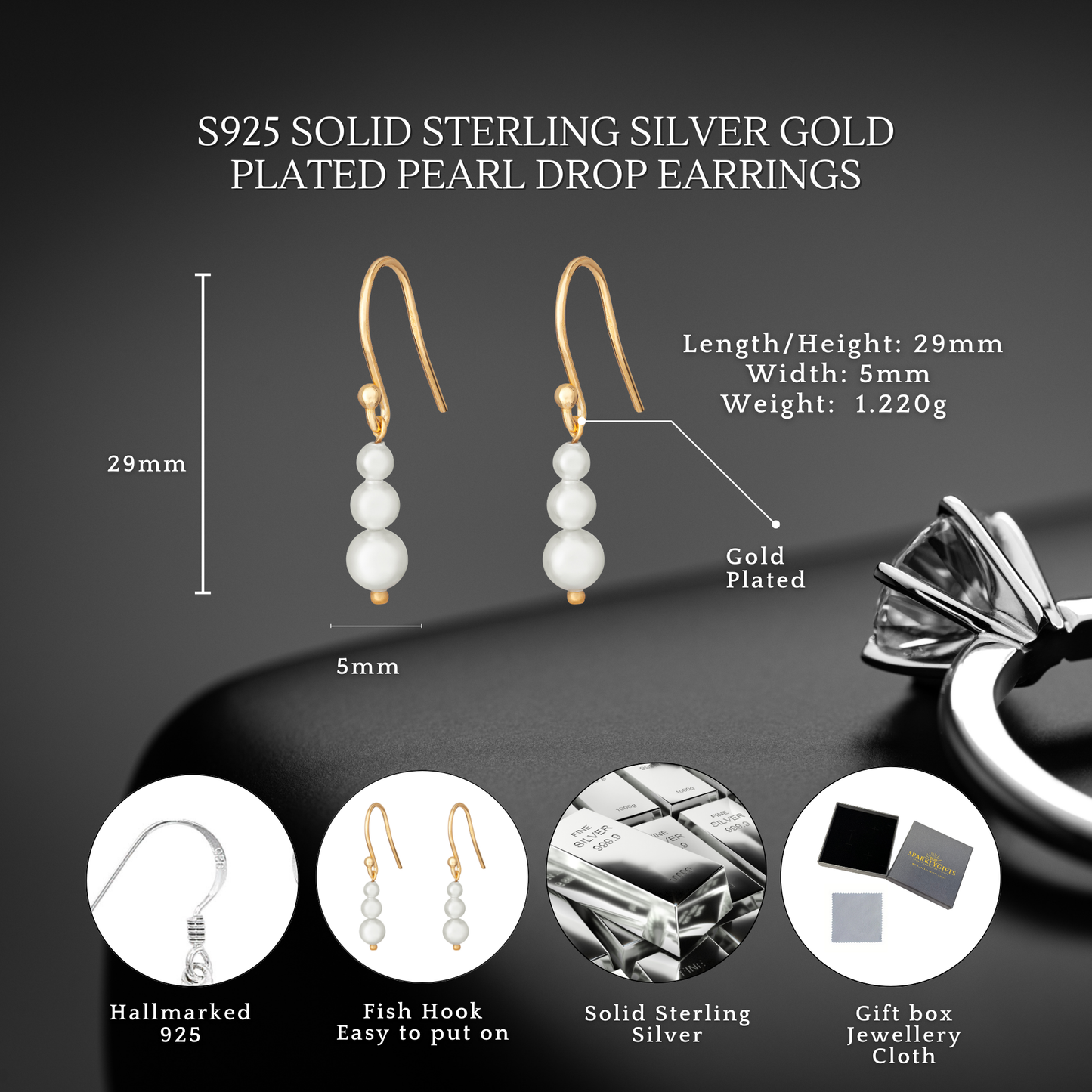 Gold-Plated S925 Sterling Silver Pearl Drop Hook Earrings for Women