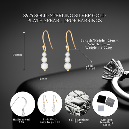 Gold-Plated S925 Sterling Silver Pearl Drop Hook Earrings for Women