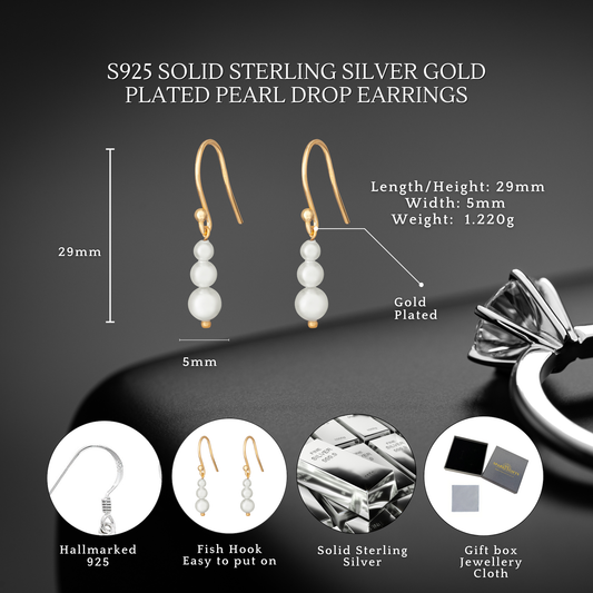 Gold-Plated S925 Sterling Silver Pearl Drop Hook Earrings for Women