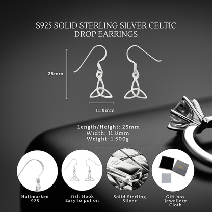 S925 Sterling Silver Celtic Trinity Knot Hook Drop Earrings Women