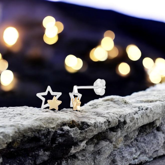 Sterling Silver Gold Plated Two Tone Stars Stud Earrings