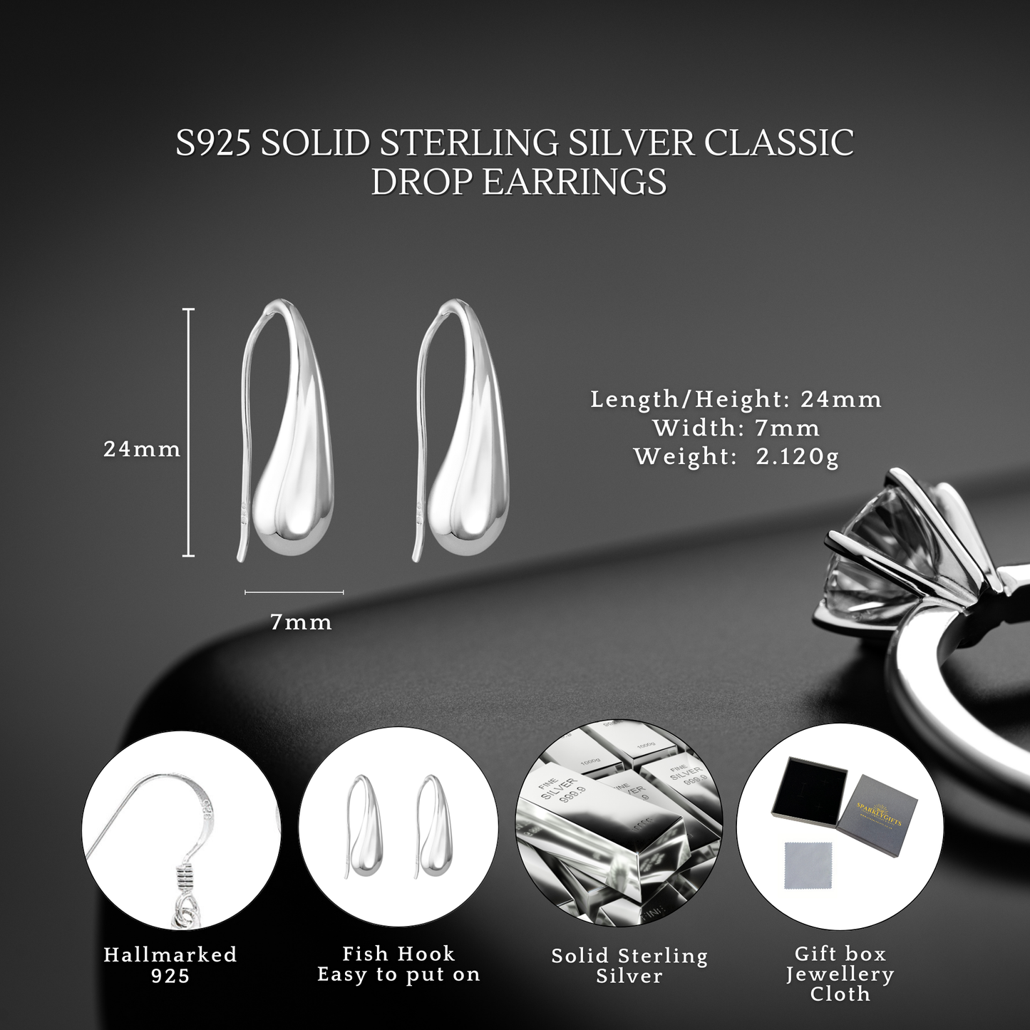 S925 Sterling Silver Classic Drop Elegant Teardrop Hook Earrings for Women