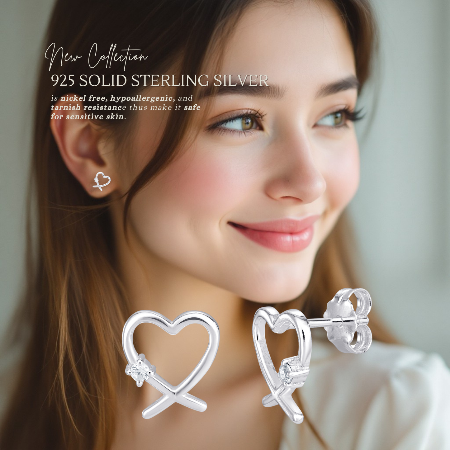 S925 Sterling Silver Cubic Zirconia Heart Stud Earrings