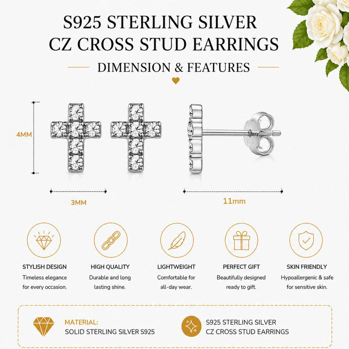 CZ Cross Stud Earrings S925 Sterling Silver