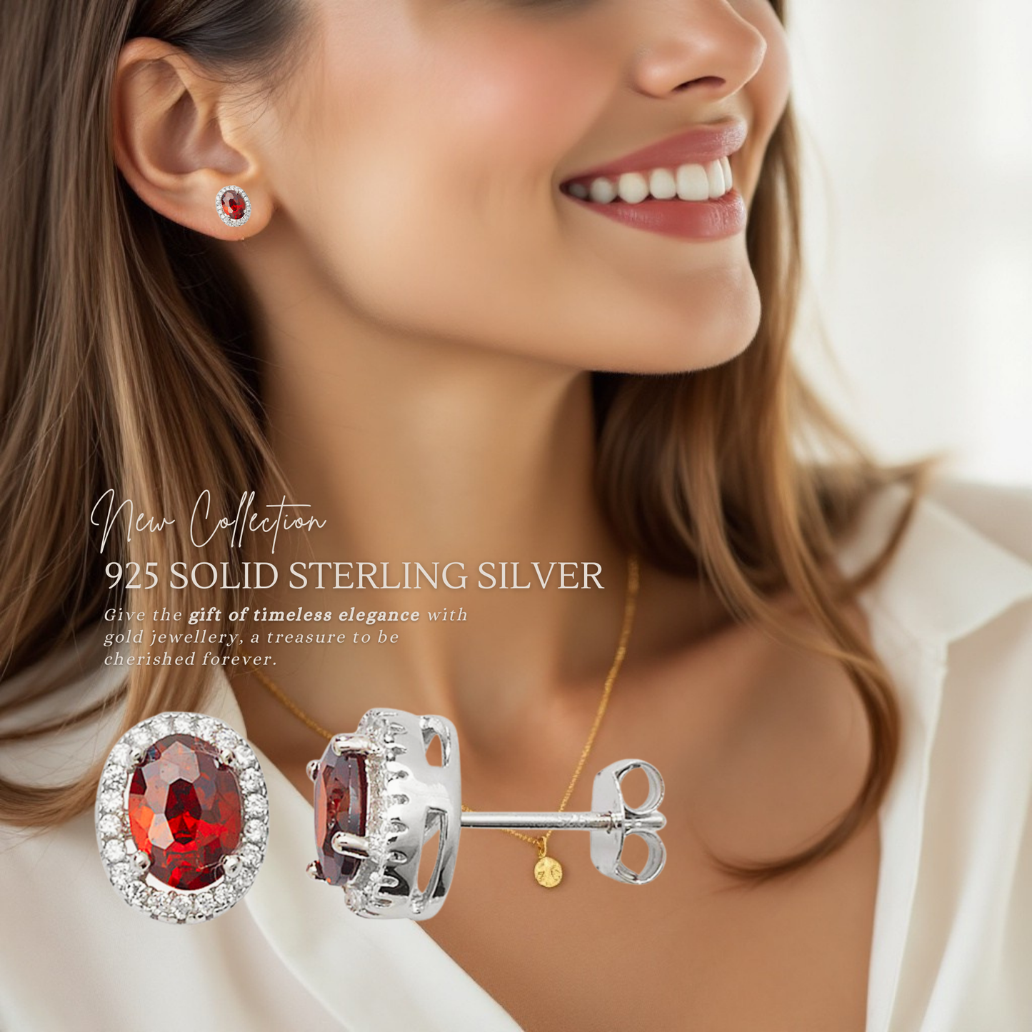 Sterling Silver Red Garnet Cubic Zirconia Halo Oval Stud Earrings