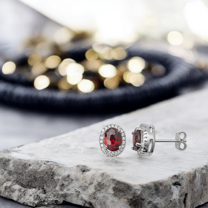 Sterling Silver Red Garnet Cubic Zirconia Halo Oval Stud Earrings