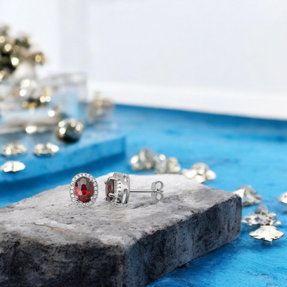 Sterling Silver Red Garnet Cubic Zirconia Halo Oval Stud Earrings