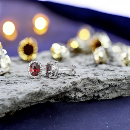 Sterling Silver Red Garnet Cubic Zirconia Halo Oval Stud Earrings