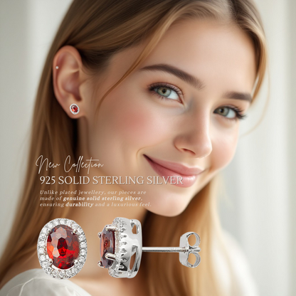 Sterling Silver Red Garnet Cubic Zirconia Halo Oval Stud Earrings