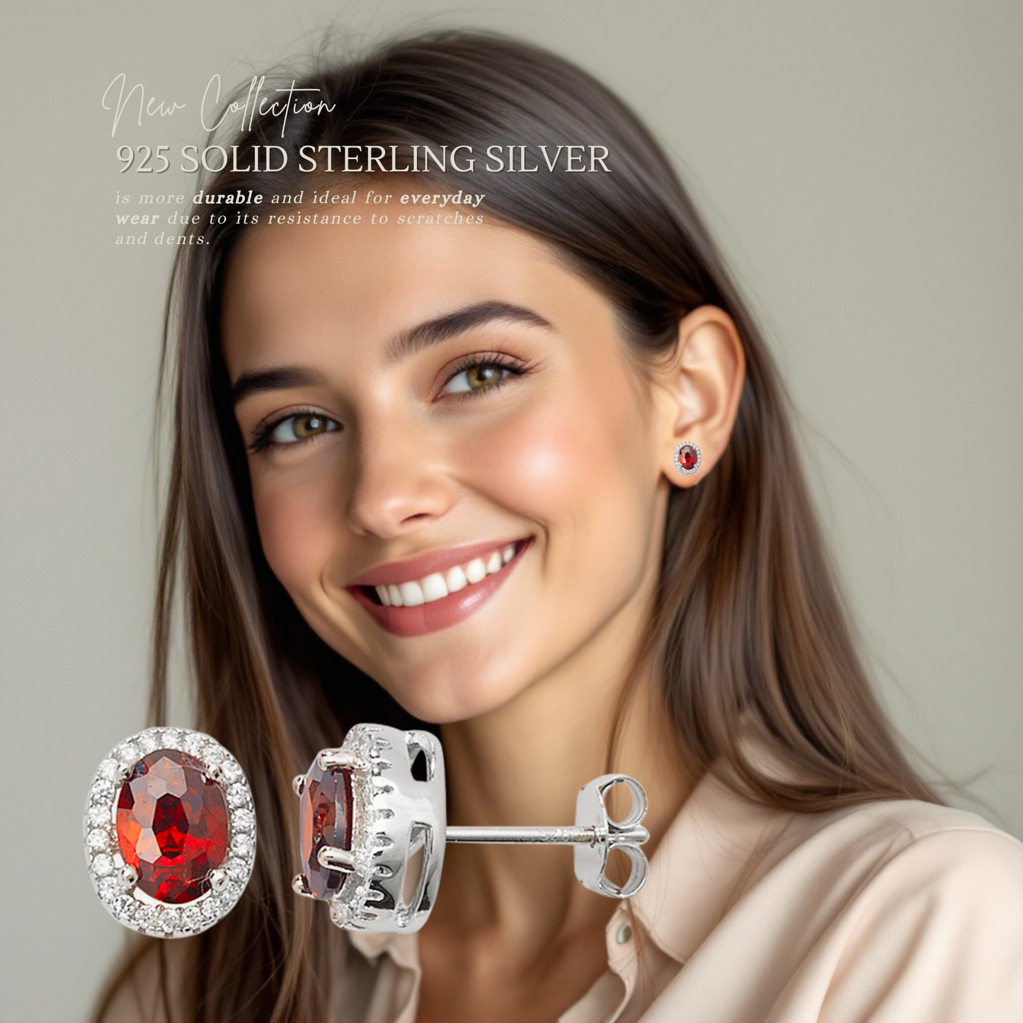 Sterling Silver Red Garnet Cubic Zirconia Halo Oval Stud Earrings