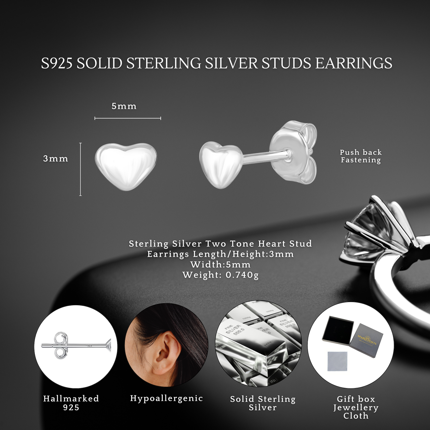 S925 Sterling Silver Heart Shape Elegant Stud Earrings 5mm for Women