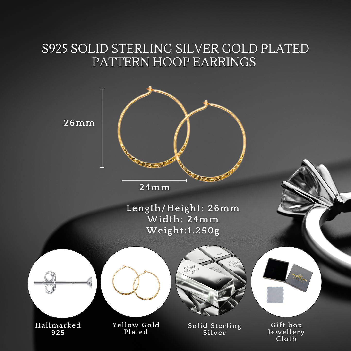 S925 Sterling Silver Elegant Gold Plated Pattern Hoop Earrings for Women