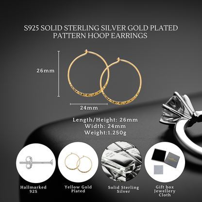 S925 Sterling Silver Elegant Gold Plated Pattern Hoop Earrings for Women