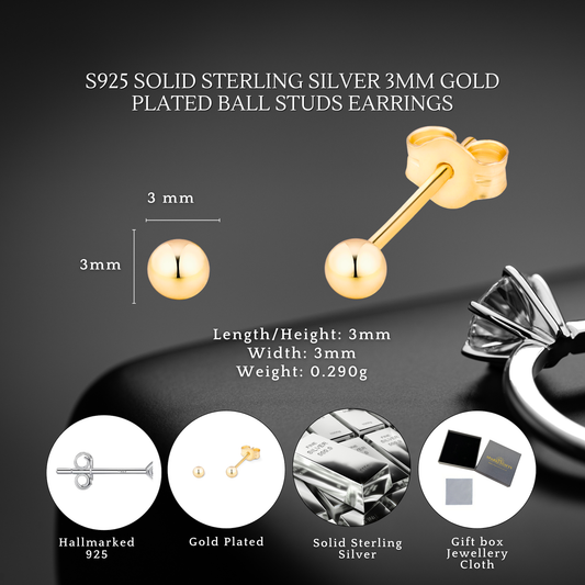 S925 Sterling Silver 3mm Gold Plated Ball Studs Earrings for Women