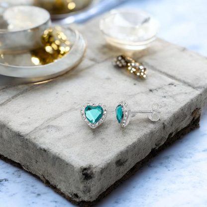 Sterling Silver Preciosa Crystal Aquamarine 9mm Heart Stud Earrings