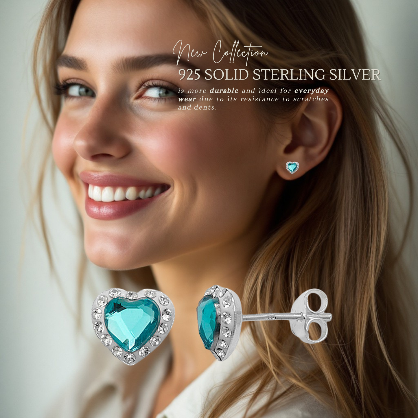 Sterling Silver Preciosa Crystal Aquamarine 9mm Heart Stud Earrings