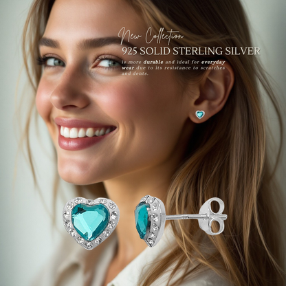 Sterling Silver Preciosa Crystal Aquamarine 9mm Heart Stud Earrings