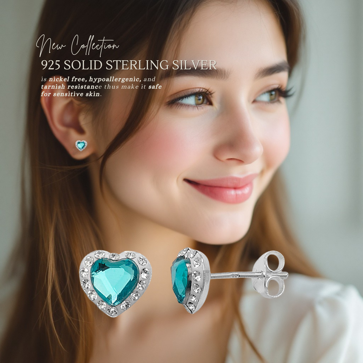 Sterling Silver Preciosa Crystal Aquamarine 9mm Heart Stud Earrings
