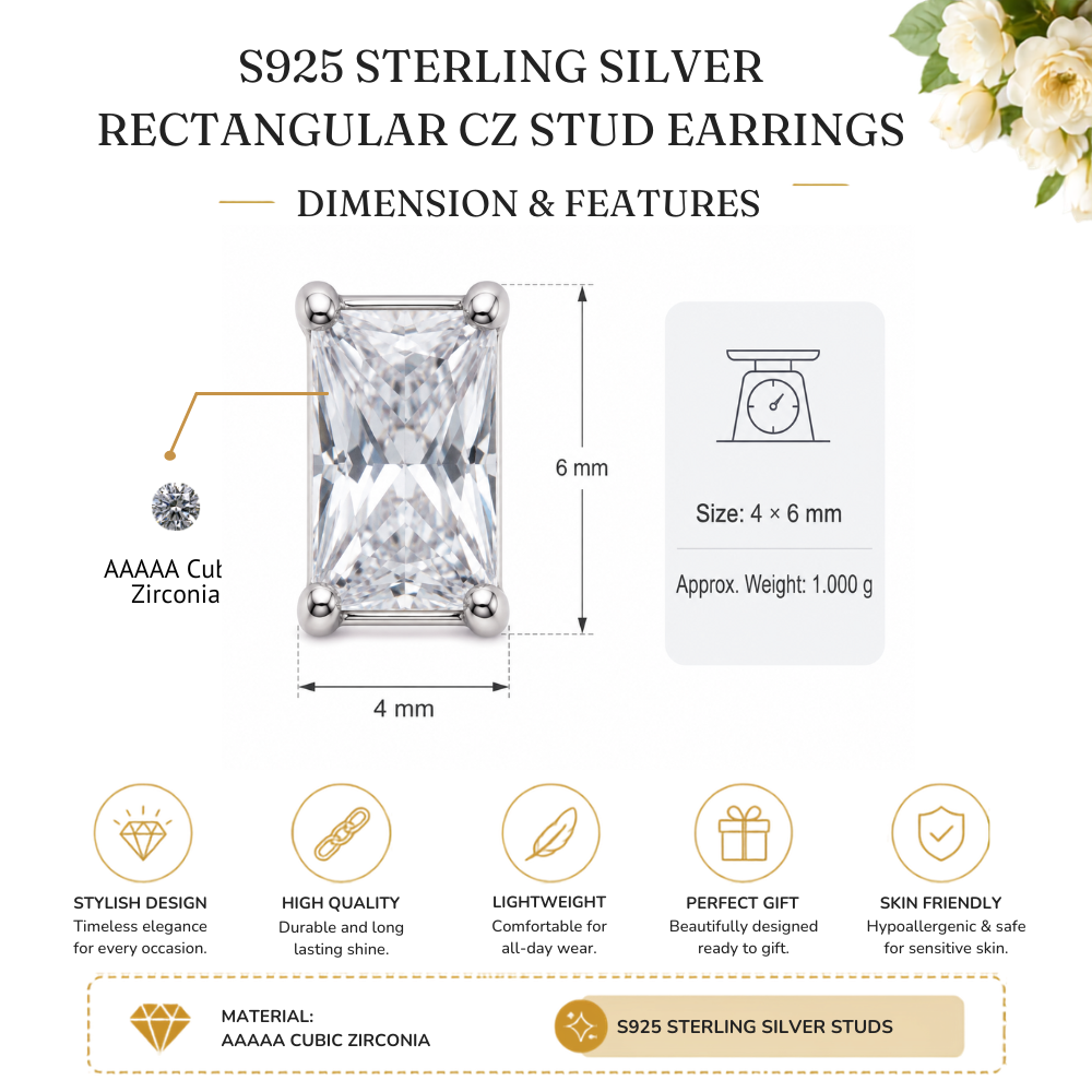Sterling Silver 4x6 Cubic Zirconia Stud Earrings