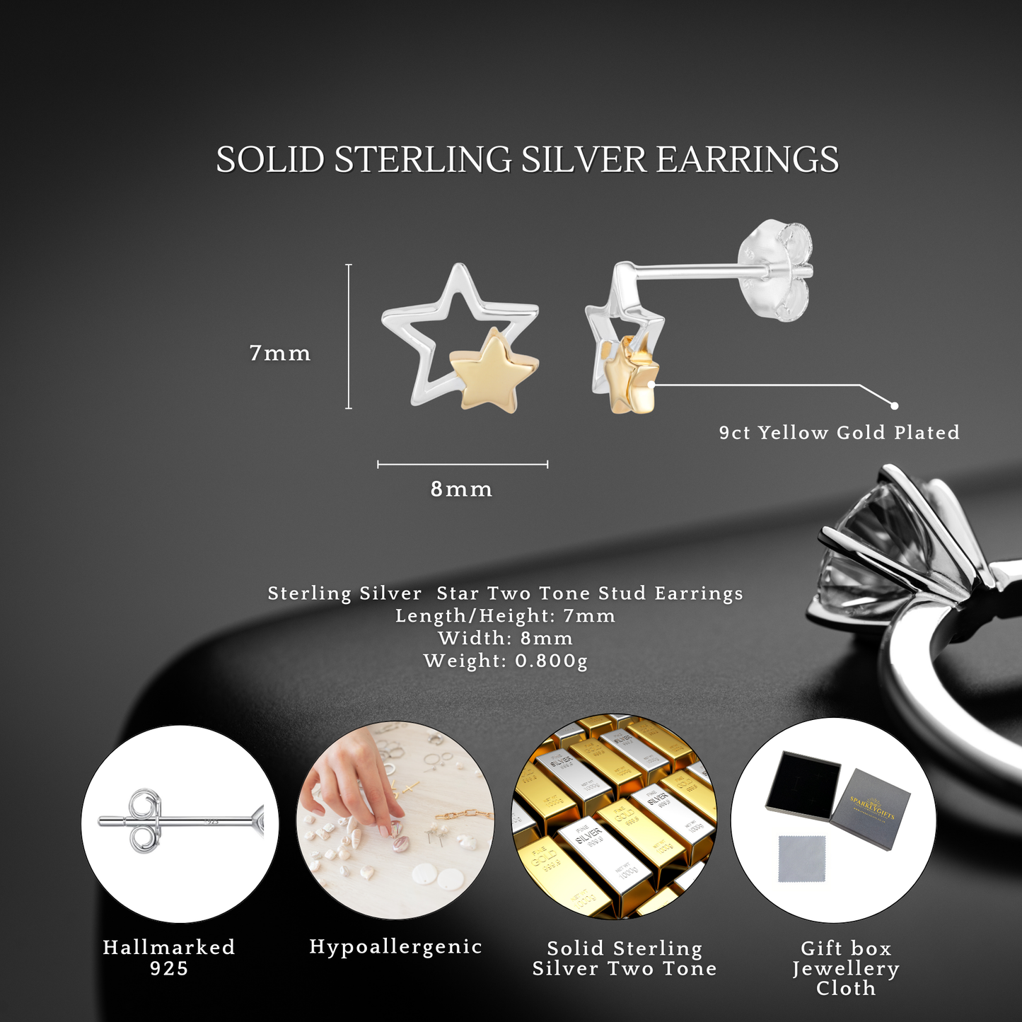 Sterling Silver Gold Plated Two Tone Stars Stud Earrings