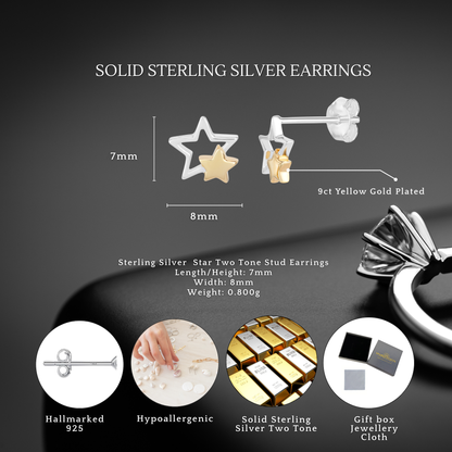 Sterling Silver Gold Plated Two Tone Stars Stud Earrings