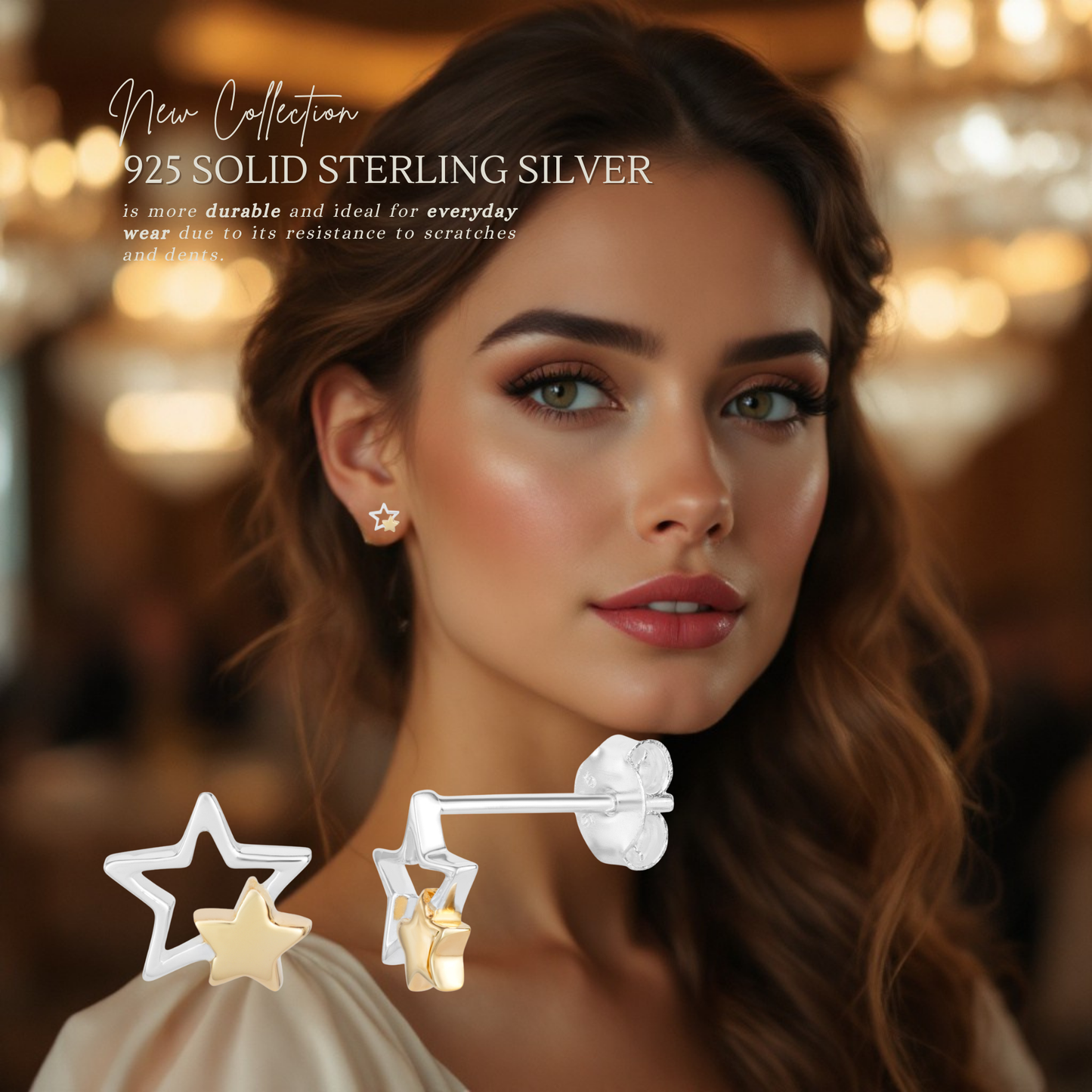 Sterling Silver Gold Plated Two Tone Stars Stud Earrings
