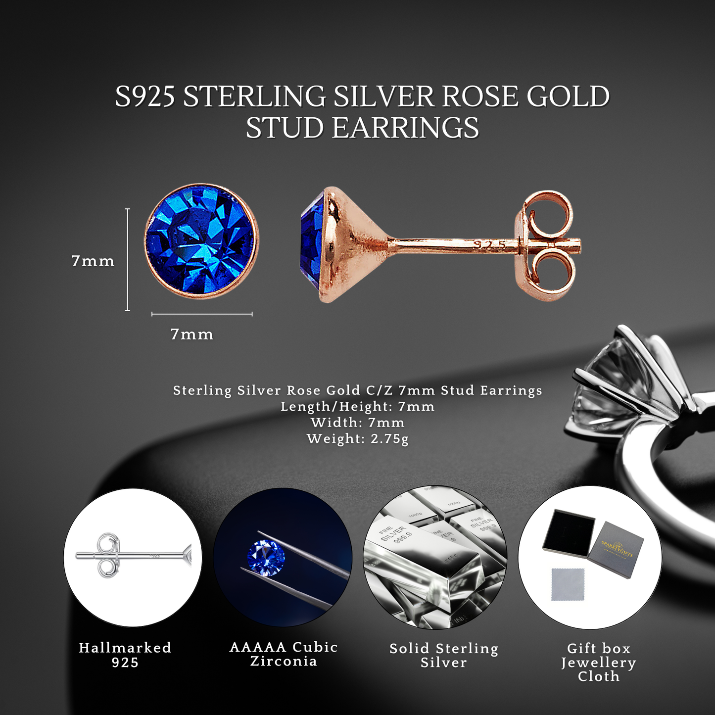 S925 Sterling Silver Sapphire Sparkle Stud Earrings
