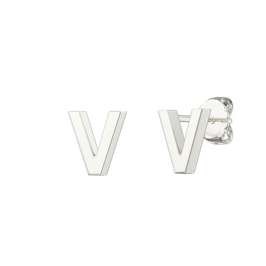Sterling Silver Plain Initial Earrings V Studs