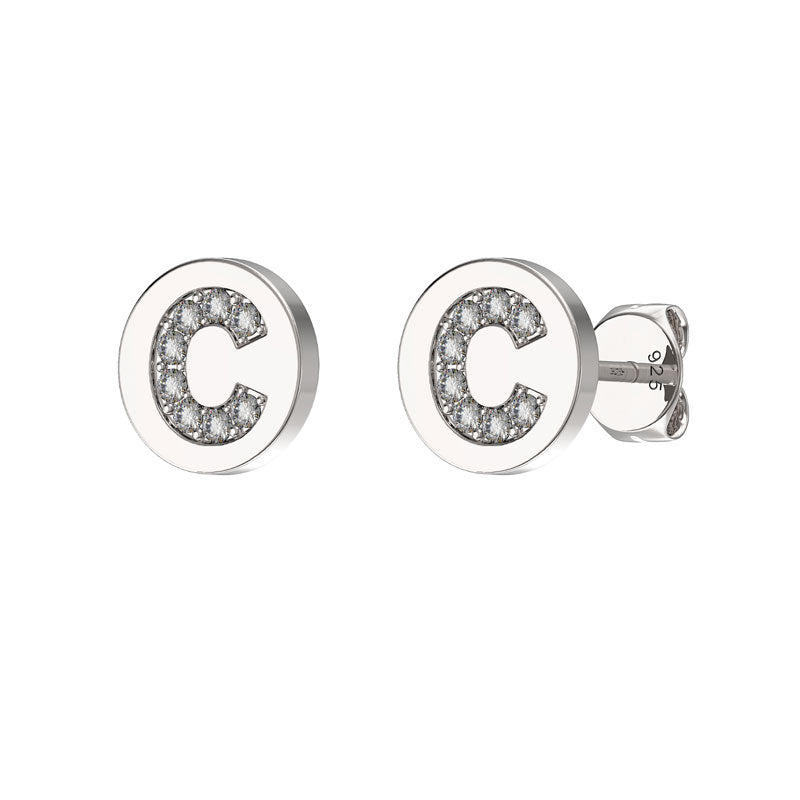 Sterling Silver CZ Crystal Initial Earrings C Studs