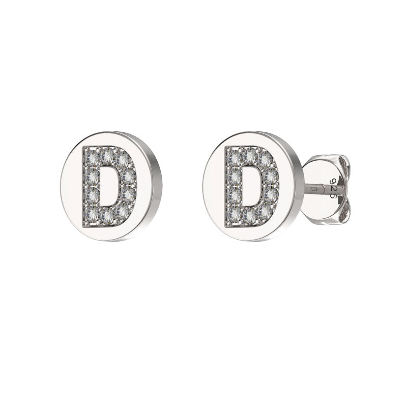 Sterling Silver CZ Crystal Initial Earrings D Studs