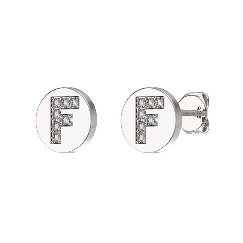 Sterling Silver CZ Crystal Initial Earrings F Studs