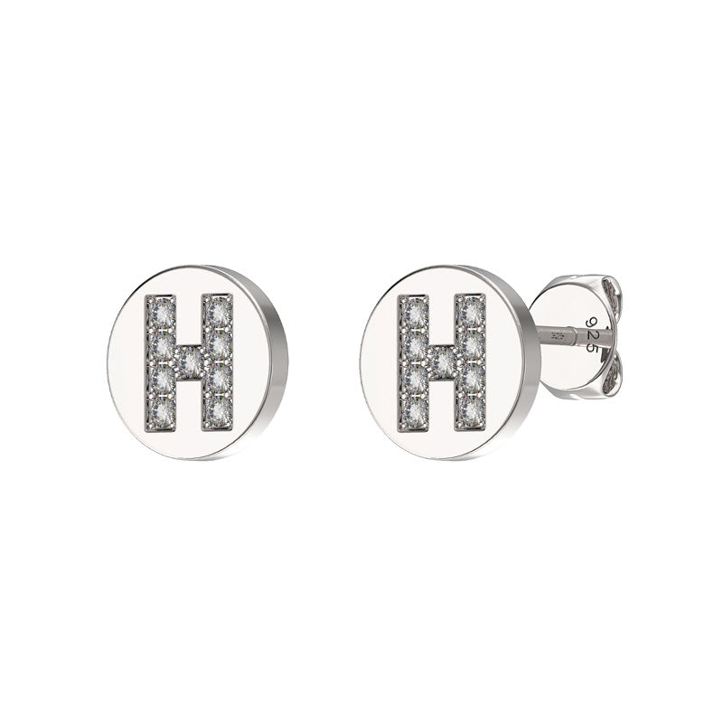 Sterling Silver CZ Crystal Initial Earrings H Studs