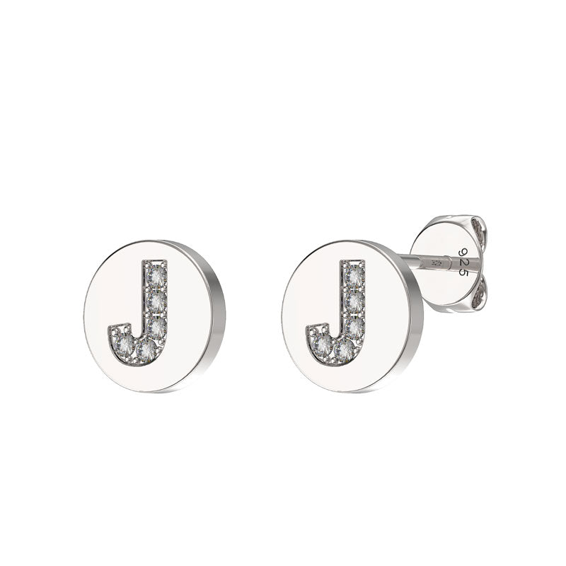 Sterling Silver CZ Crystal Initial Earrings J Studs