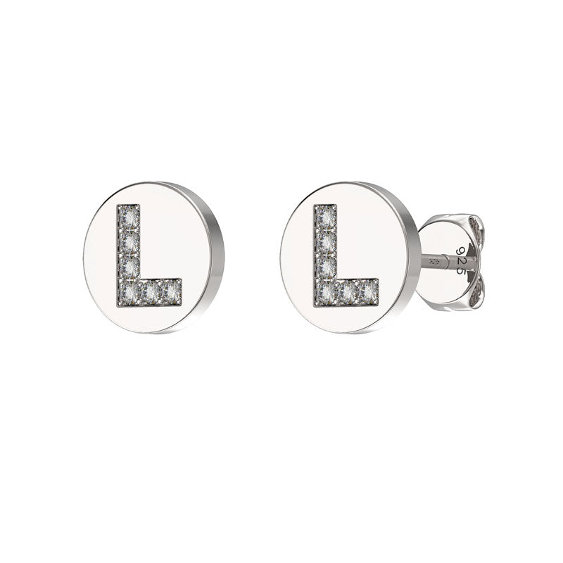 Sterling Silver CZ Crystal Initial Earrings L Studs