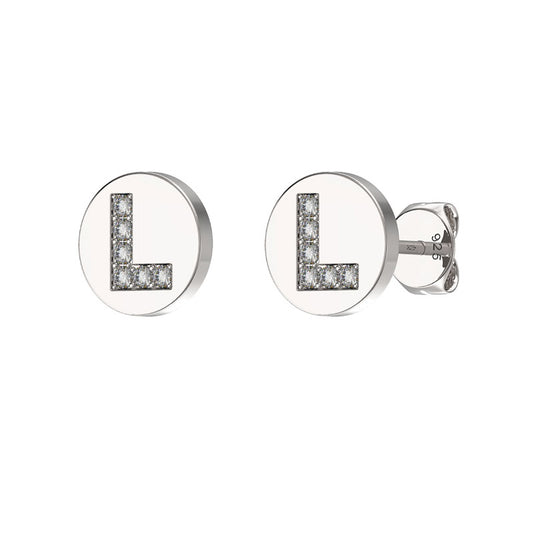 Sterling Silver CZ Crystal Initial Earrings L Studs