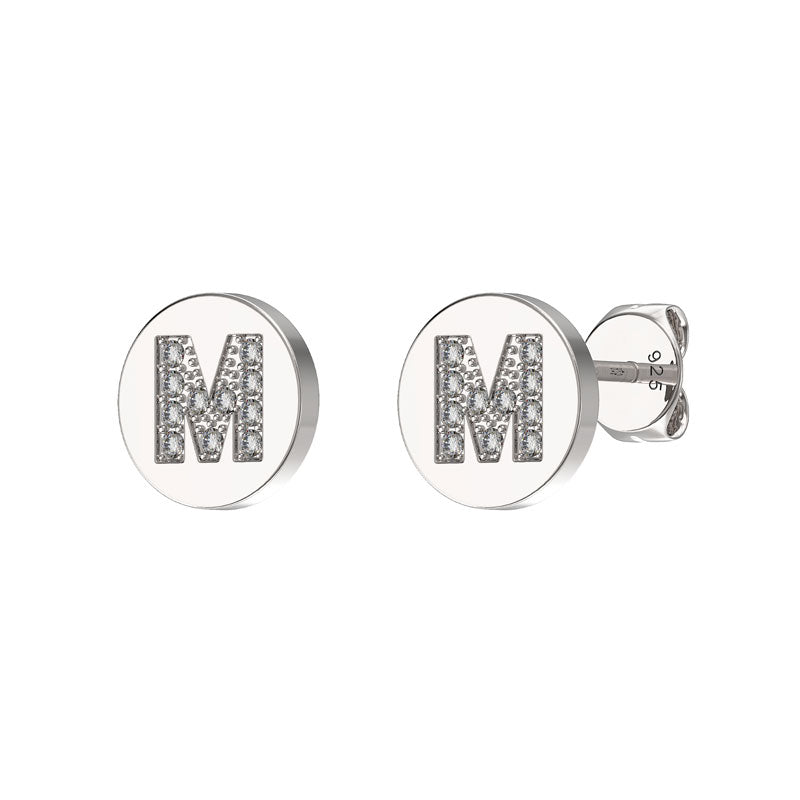 Sterling Silver CZ Crystal Initial Earrings M Studs