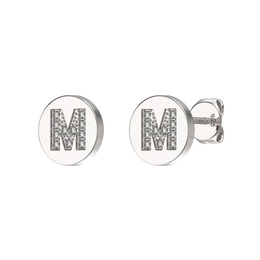 Sterling Silver CZ Crystal Initial Earrings M Studs