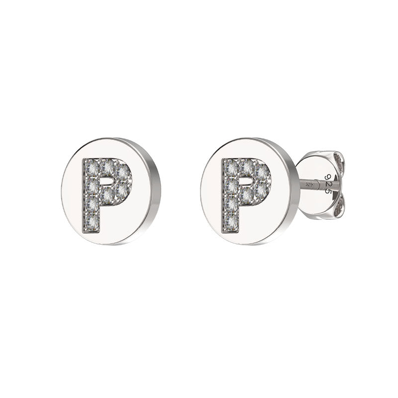Sterling Silver CZ Crystal Initial Earrings P Studs
