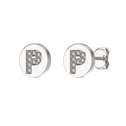 Sterling Silver CZ Crystal Initial Earrings P Studs