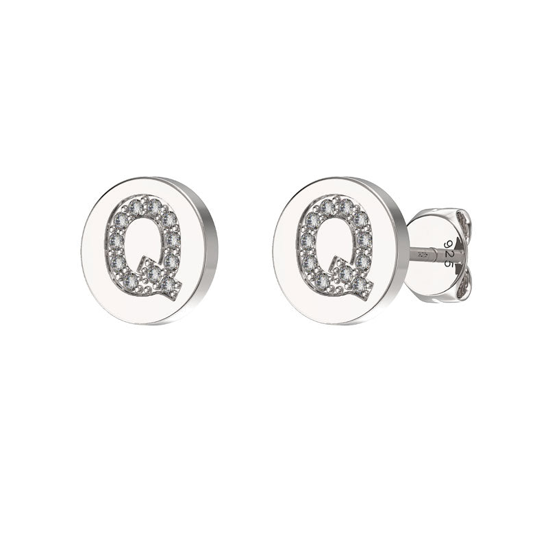 Sterling Silver CZ Initial Earrings Q Studs