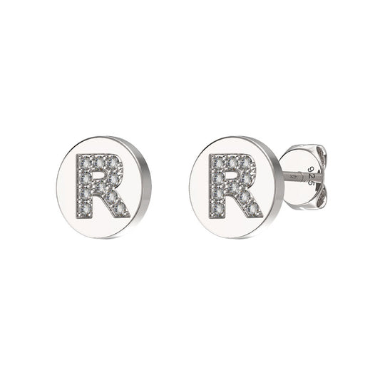 Sterling Silver CZ Crystal Initial Earrings R Studs