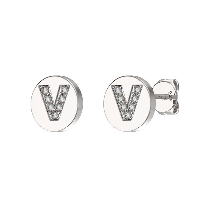 Sterling Silver CZ Crystal Initial Earrings V Studs