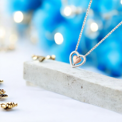Sterling Silver Two Tone Double Love Heart Necklace S925 Hallmark