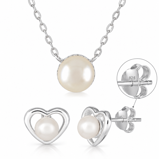 Sterling Silver Diamond Cut Set 6mm Pearl Necklace and Stud Earrings Set