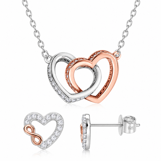 Sterling Silver Cubic Zirconia Two Tone Double Hearts Necklace and Affinity Stud Earrings