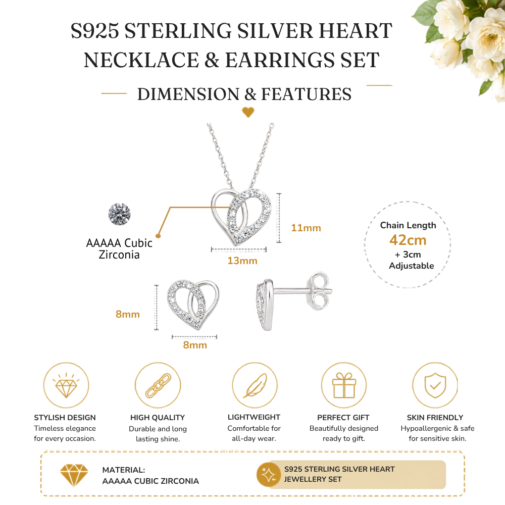 S925 Sterling Silver C/Z Heart Pendant Necklace and Stud Earring Set